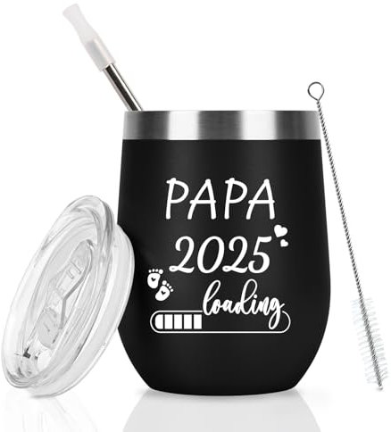 Livole Geschenke für Werdende Väter, Schwangerschaft Verkünden, Eltern Geschenk - Du Wirst Papa 2025 Loading - 12oz 350ml Doppelwandig Becher Mit Deckel und Strohhalm, Schwarz