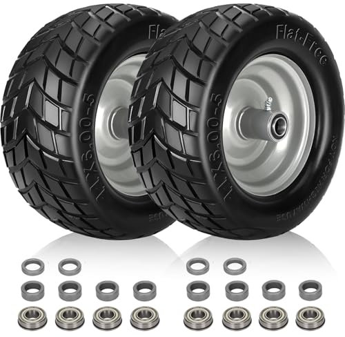 Lot de 2 pneus plats 11 x 6,00-5 pour tondeuse à zéro tour avec roulement de 0,9 cm et 1,27 cm, moyeu centré de 15,2 à 20,3 cm, pneus de tondeuse à gazon 11 x 6,00-5 avec roulement, charge de 181,4 kg