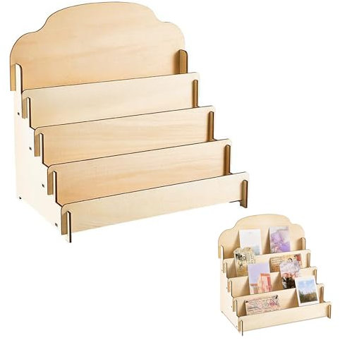 LONGHAO 4 Etagen GrußKartenstäNder PostkartenstäNder Holz Display StäNder Schlitz Holz Schmuck Display StäNder,ArtenstäNder FüR Postkarten,Aufkleber,Feiertags-Geschenkkarten (Holzfarbe)