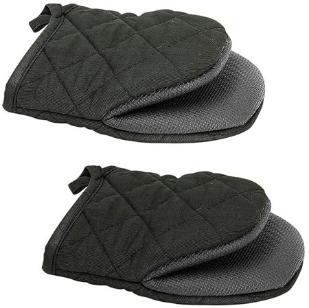 1 Pair Short Oven Mitts, Silicone Heat Resistant Kitchen Mini Oven Mitts High Heat Resistant 500℉, Non-Slip Grip Surfaces and Hanging Loop Gloves for BBQ, Baking, Cooking and Grilling (Black)