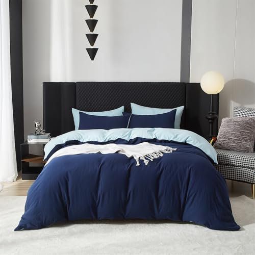 Boqingzhu Baumwolle Bettwäsche 220x240cm Blau Dunkelblau Hellblau Einfarbig Uni Aesthetic Wendebettwäsche Set Bettbezug 220x240cm und 2 Kissenbezüge 80x80cm mit Reißverschluss