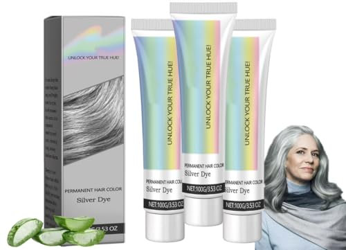 2-in-1 Natural Essence Extract Silver Hair Dye, Crema colorante naturale per capelli grigio argento, Tinta per capelli metallizzata argento, Tinta per capelli grigio argento per tutti i tipi (3PCS)