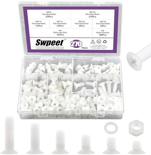 Swpeet 270 viti a testa piatta Phillips in nylon bianco M8 con dadi e guarnizioni, viti a testa piatta svasata in nylon, viti filettate in nylon, lunghezza 8/10/12/15/20/25 mm