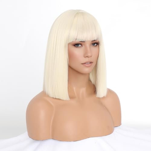 SIMKAYLEE Kurze Blonde Glatte Perücke mit Pony Damen Kurz Blond Gerade Bob Perrücke für Frauen Perücken Schulterlang für Karneval Fasching Party Halloween Cosplay Weihnachten Roboter Alien (30cm)