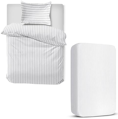 MOONLIGHT20015 3 Piece Single Bedding Set Satin Stripes Duvet Cover Fitted Sheet with Pillow case Hotel Quality Soft Brushed Microfiber Silver