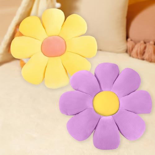 Blume Plüsch Kissen Bodenkissen, 2 Stück Blumenbodenkissen Sitzkissen, Kissen Blume, Kissen Blumenform, Plüsch Sofakissen Kuschelkissen, für Kinderzimmer Hause Sofa, 40cm x 40 cm (gelb + lila)