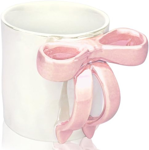 Disoza 350 ML Rosa Schleife Kaffeebecher Cute Mug Porzellan Kaffee Tee Tasse Keramik Tasse mit Schleife und Henkel