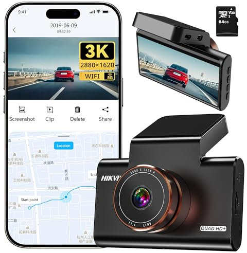 Hikvision Dashcam Auto Vorne 3K, GPS, 3” IPS-Curved-Display mit Nachtsicht, Auto Kamera mit 64GB SD Karte, Parküberwachung, WiFi APP Steuerung, WDR, G-Sensor, Loop-Aufnahme, Max 128GB(C6 Pro)