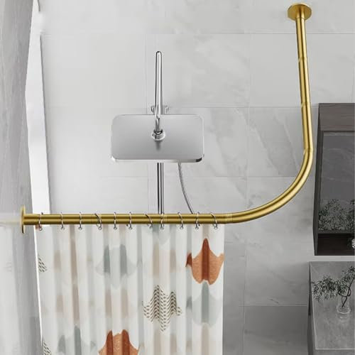 Qgtxf Duschvorhang Schienen Dehnbare Ecke Vorhangstange Edelstahl Wandmontage L-förmige Garderoben Polen Bohrer Oder Kein Bohrer für Badezimmer Badewanne(Size:A 96-116cm x 96-116cm,Color:Gold)