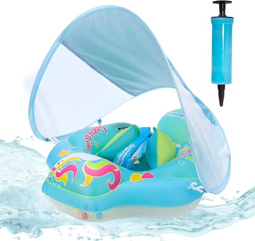 ACTOYS Piscina Bebe, Flotador Bebe con Sombrilla, Flotadores Piscina, Flotador Bebe, Flotador de Bebe Inflable, Anillo de Natación para Bebé, Juguetes Piscina y Baño 3 a 36 Meses (Caballo Azul, L)