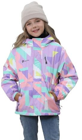 Girls' Waterproof Winter Ski Jacket – Warm Fleece Lined Windproof Snow Coat with Hood for Outdoor Adventure Cube Purple 11-12