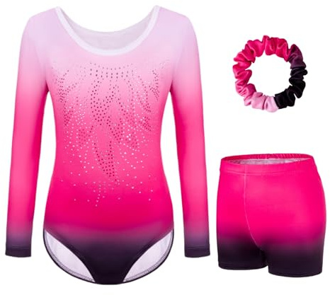 JoyBound Girls' Gymnastics Leotards LongSleeves Set -Three-Piece for Long Sleeves or Sleeveless Leotard, Shorts & Hairband Gradient Color Ballet Unitard Outfit for Ages 5-12 Dancers Girl