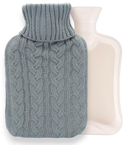 Hot Water Bottle with Knitted Cover – 2L Rubber Hot Water Bag for Hot & Cold Compress | Pain Relief for Neck, Shoulders, Back, Cramps, Feet & Hands | Leakproof & Reusable Warmer (Grey)