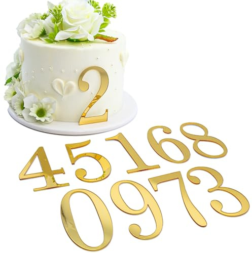 AiQi Bakes Gold Mirrored Acrylic Number Cake Toppers 0-9, 10 Pieces | Cupcake Number Picks, For Birthday Anniversary Wedding Party Decorations, Cake Toppers