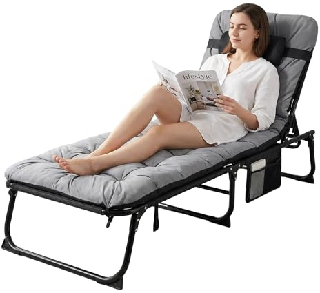 Clevich Sonnenliege Klappbett, Folding Lounger mit wasserdichte Matratze, verstellbare Campingbett Gästebett klappbar liegestuhl für Garten,Büro, Pool, Camping (1, Schwarz, 190 x 68 x 31 cm)