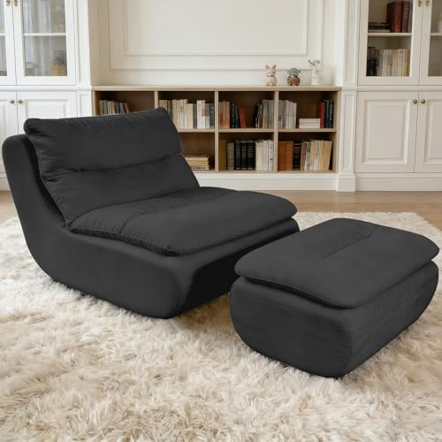 WXJHL Großer Sitzsack Sofa mit Hocker, Bodensofa für Erwachsene und Kinder-Gefüllt mit Memory-Schaum, lässiger Loungesessel für Schlafzimmer und Wohnzimmer, Schwarz
