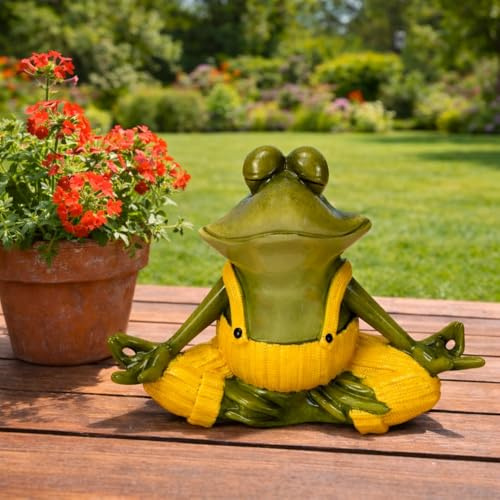 Online Fuchs Lustige Gartenfiguren für draußen Yoga Frosch mit Latzhose - Teichdeko - wetterfest mit glänzendem Glossy-Look - 25 oder 31,5 cm groß (Gelb klein)