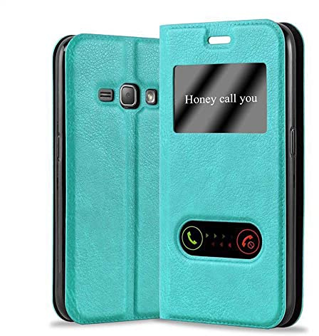 Cadorabo Hülle kompatibel mit Samsung Galaxy J1 2016 in Mint TÜRKIS - Schutzhülle mit Magnetverschluss, Standfunktion und 2 Sichtfenstern