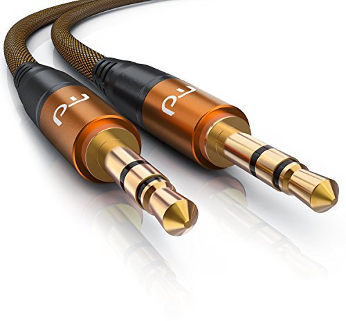 Primewire - 1m AUX Kabel Klinkenkabel 3,5mm - Audiokabel mit Nylonmantel und Alustecker - geeignet für Handy, Smartphone, Tablet, Autoradio, MP3-Player usw. - Rundknickschutz - orange schwarz
