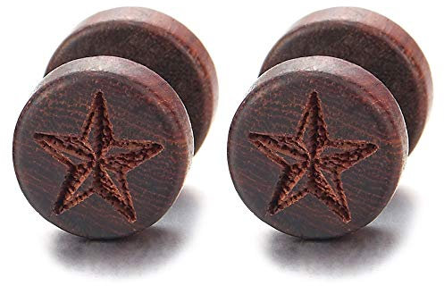 Etoile Bois Yin Yang Cercle Boucles d'oreilles Homme Femmes - Bouchon Jauge Faux Cheater Fake Gauges Plugs - Acier