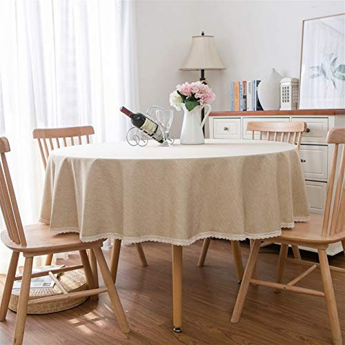 Insun Tischdecke Runden mit Spitze Rand Baumwolle Leinen Tischwäsche Dekorative Staubdichte Tischtuch Abwaschbar Beige Khaki 160cm Durchmesser
