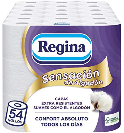 Regina Sensación de Algodón Papel Higiénico | 54 rollos | Capas extra resistentes, suaves como el algodón | Papel 100% certificado FSC®