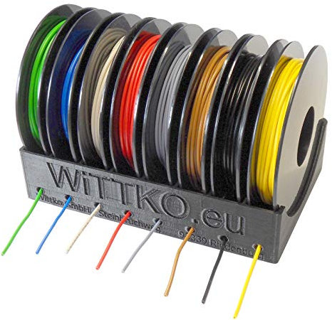 WITTKOWARE LiYv Schaltlitzen-Sortiment, 0,50mm² (flexibel/verzinnt), 8x10m auf Kunststoffspulen, 8 Farben, mit praktischem Tisch-/Wandhalter