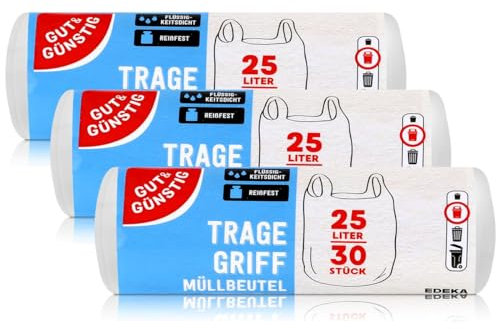Gut & Günstig Bolsas de Basura Con Asa de 25 L - 3 Paquetes (90 Unidades) Resistentes y Herméticas a Los Líquidos