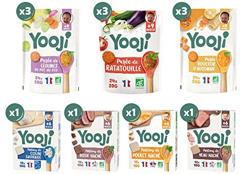 Yooji - 30 Repas Bio et MSC Pour Bébé dès 9 Mois - Purées de Légumes Premiers Morceaux, Viandes françaises et Poissons pour la Diversification Alimentaire - 7 Variétés Prêtes à Cuisiner - Pack x13