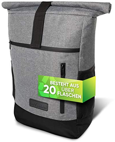 invilus ® - Rolltop Rucksack Damen und Herren Grau aus Recycelten Plastikflaschen - Rucksack Uni - Laptop Rucksack - Rucksäcke Damen - Tagesrucksack Damen - Rucksack Schule - Fahrradrucksack