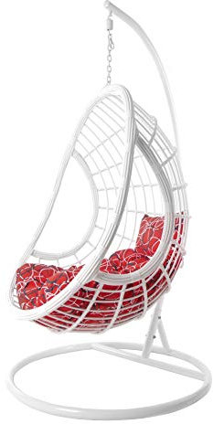 KIDEO® Komplettset: Hängesessel mit Kissen, Korbsessel, Swing Chair Loungemöbel (Gestell- und Korbfarbe: weiß, Kissen: Chesterstepp rot Gemustert (3088 red Frizzy))