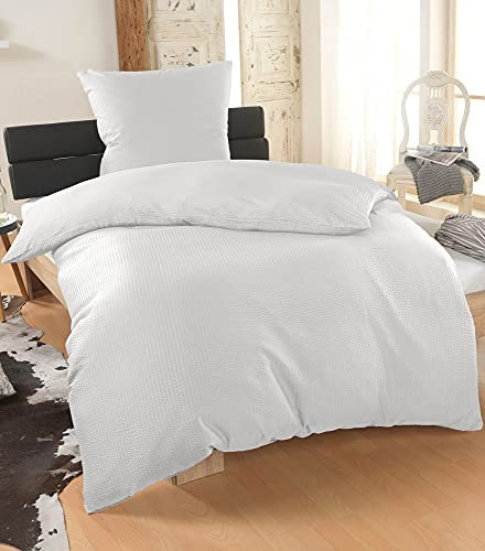 MALIKA® Bettwäsche Seersucker 155x220 mit 80x80 Kissenbezug | ÖkoTex Standard 100 | Fein Seersucker Bettwäsche aus Mikrofaser | weiß