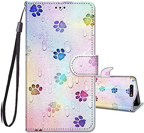 JRIANY Wallet Flip Case for Samsung Galaxy S10, Footprint | PU Leather Phone Case, with Card Slots Holder, Cute Pattern Animal Design, Shockproof Protective Cover, Wrist Strap