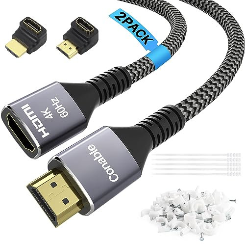 Short 4K HDMI Extension Cable 0.6 Feet (2 Pack), HDMI 2.0 Braided Extender Male to Female Cord, Pure Copper 3D 4K@60Hz 2160p 1080p HDR HDCP 2.2 ARC (with Ties, U Nails, 2 HDMI Adapters)-0.6ft