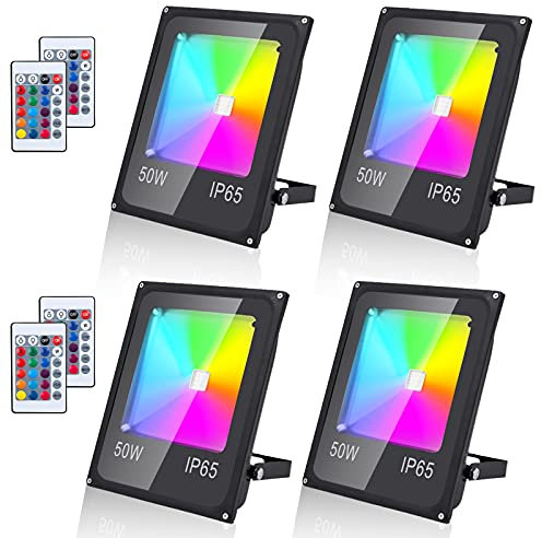 Randaco 50W RGB LED Strahler Fluter Außen mit Fernbedienung, 4er Pack LED Flutlichtstrahler 16 Farben 4 Modi mit Memoryfunktion, IP65 Wasserdicht Garten Stimmungslichter