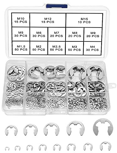 VooGenzek 390 Stück E-Clip Sicherungsringe Set, Sicherungsring Sicherungsscheiben Edelstahl E-clip Set, Externer Sicherungsring, 13 Größen M1.5/2/2.5/3/4/5/6/7/8/9/10/12/15 mit Kunststoffbox