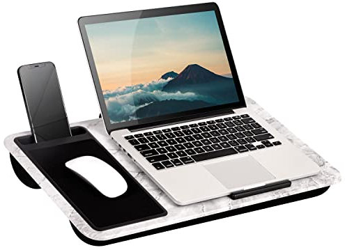 LAPGEAR Home Office Lap Desk - Left-Handed - with Mouse Pad, Device Ledge, and Phone Holder - White Marble - Fits up to 15.6 Inch Laptops - Style No. 91411