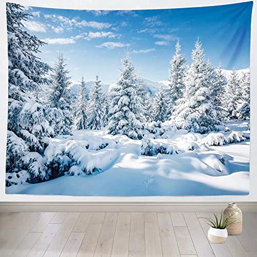 HHLSS Wandbehang 200 x 200 cm Winter-Tapisserie-Fotohintergrund Winterlandschaft mit verschneiter Waldszene Neujahrs-Weihnachts-Tapisserie-Wandbehang-Raum-Wohnkultur