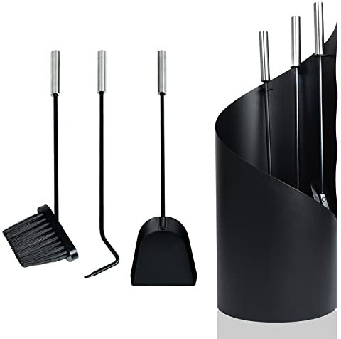 UISEBRT Set di 4 posate per camino, in acciaio inox, con supporto, scopa, grembiule, pala per cenere, posate da forno con manici in acciaio inox, nero