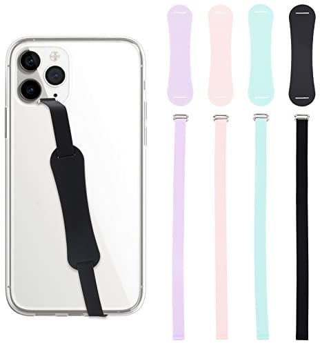 OLYCRAFT 4 Sets Silicone Elastic Loop Phone Grip - Universal Silicone Finger Strap Reusable Hand Holder for Most Phone Cases - Black/Pink/Purple/Mint Green