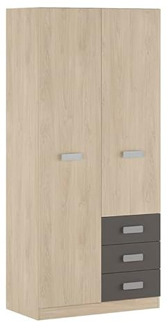 SHIITO | Modelo Chelsea - Armario Multiusos con 2 Puertas y 3 Cajones | 207.6 x 94.8 x 50 cm - Natural y Grafito | Óptimo para Almacenaje Resistencia