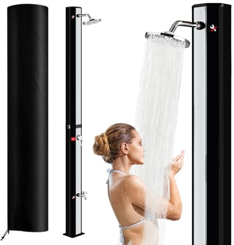 SUBTLETY Solardusche 35 Liter Solar Gartendusche System mit um 180° Drehbarem Duschkopf und Fußdusche Aussendusche Duschsäule Wassertemperatur bis 60℃ für Garten Camping Schwimmbädern (Silber+Schwarz)