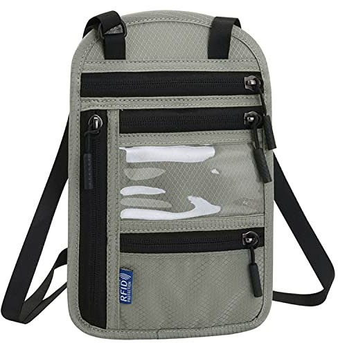 WBQMUNY Portefeuille tour de cou, porte-passeport avec blocage RFID, pochette de voyage facile à dissimuler, essentiel de voyage pour homme et femme, gris, 5.9*9.25in, Portable