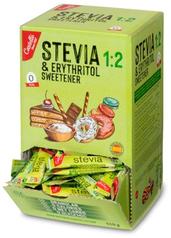 Castello since 1907 Stevia + Erythrit 1:2 Süßstoff, 204 Sticks mit 2,5 g | 100% Natürlich schmeckender Zuckerersatz, 0 Kalorien, 0 Glykämischer Index, Keto und Paleo, 0 Kohlenhydrate