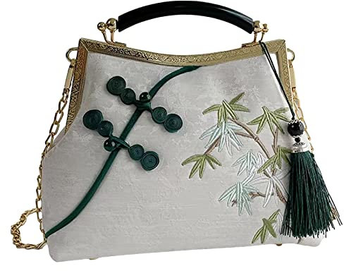 Anopo Femmes Brodé Pochette Style Chinois Vintage Sac à Main avec Gland Pendentif Sac à Bandoulière pour Hanfu Cheongsam Blanc