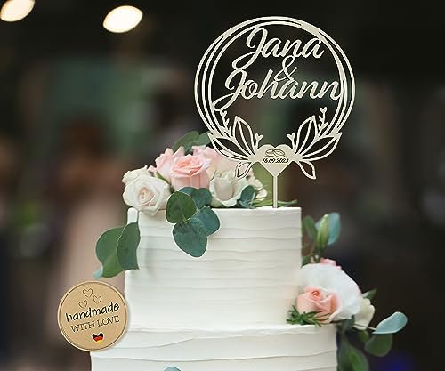 Birdart Box® Tortenstecker für deine Hochzeit – hochwertiger Tortenstecker aus Holz, moderner Cake Topper mit Namen und Hochzeitsdatum (Holz Natur)