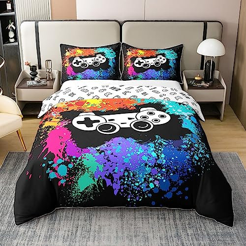 Reversible Spiel 100% Baumwolle Bettbezug 220x240 Krawattenfarbe Tröster Abdeckung Schwarz Weiß Gamepad Bettwäsche Set Gamer Gaming Steppdeckenbezug Schlafzimmer Dekor,Bunte Atmungsaktive für Jungen