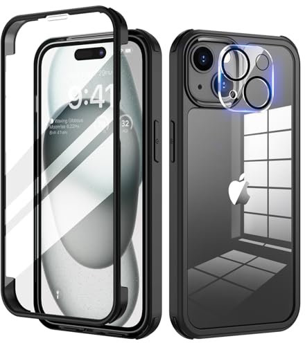 seacosmo for iPhone 15 Case 6.1 Inch, Full-Body Shockproof Case with Built-in Glass Screen Protector and Camera Lens Protector Rubber Bumper Phone Case Cover for iPhone 15 2023- Black/Clear