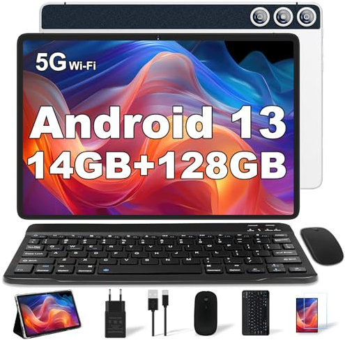 DMOAO Tablet Android 14 con 22GB RAM+128GB ROM(1TB TF), Tablet 10 Pollici con Widevine L1, Octa-Core 2.0GHZ, 5G Wi-Fi, GPS, 8000mAh, 8MP+5MP, Bluetooth 5.0, USB-C,con Tastiera, Argento