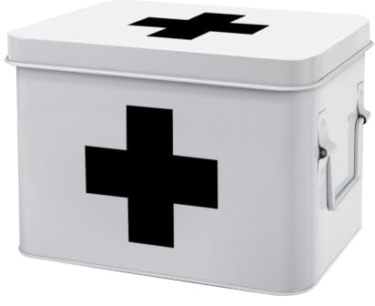 Flexzion Vintage-Erste-Hilfe-Box, Organizer, 20,3 cm, weiße Metalldose, Mediziner-Aufbewahrungsbehälter, Hartschalenkoffer mit herausnehmbarem Tablett, goldenes Kreuz, 8,5 Inch, Weiß
